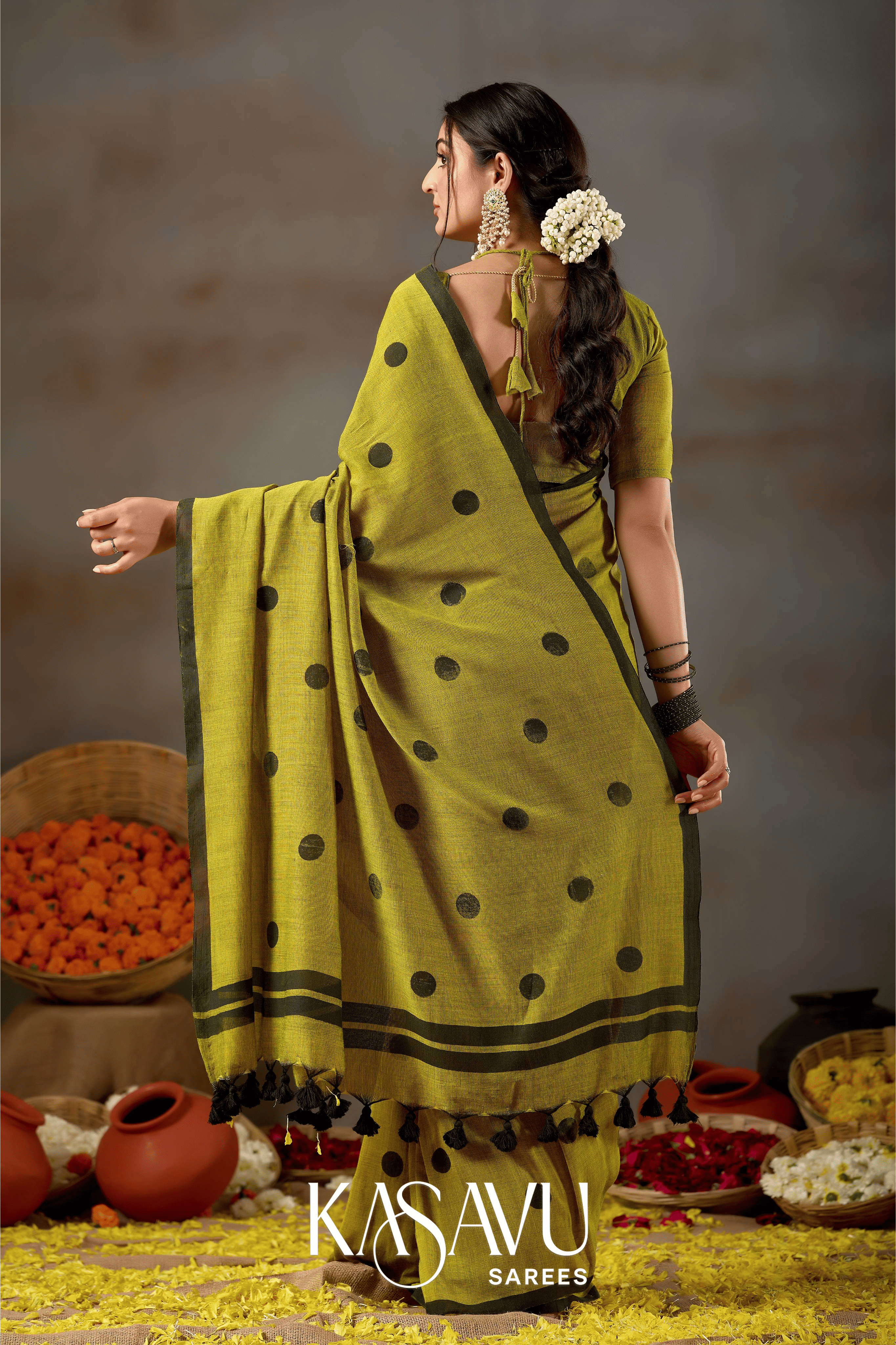 Kasavu Olive Green Powerloom Print Cotton Saree