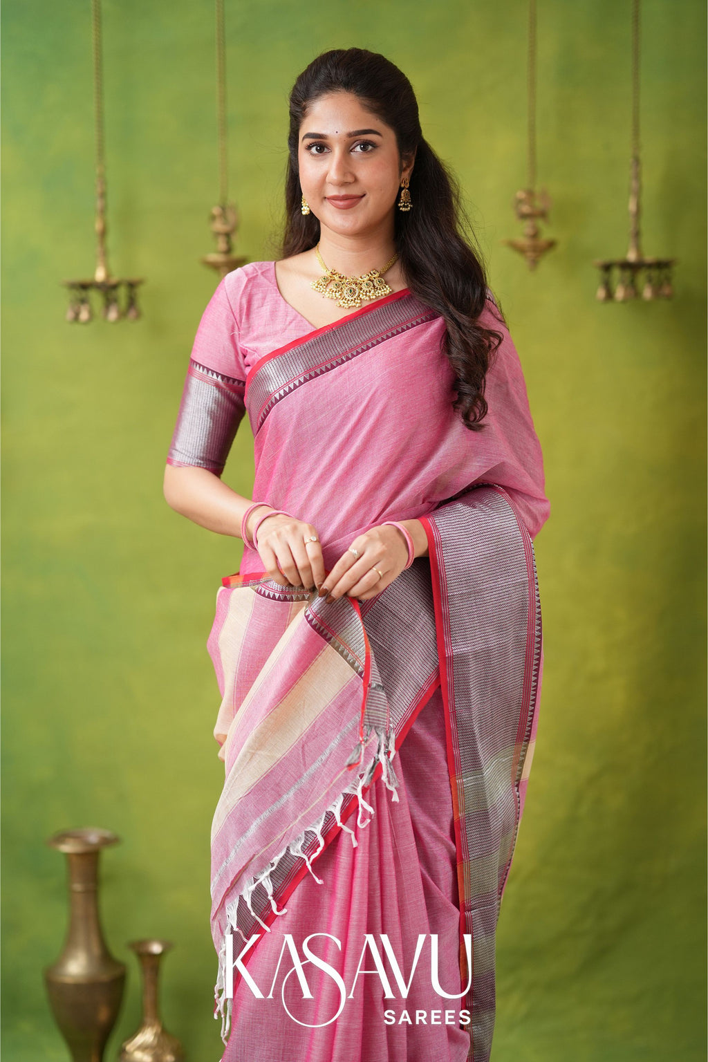 Kasavu Pink Narayanpet Cotton Saree