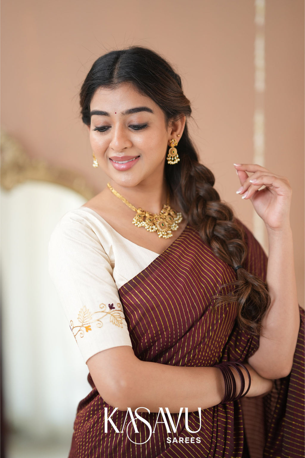 Kasavu Brown Stripe cotton Saree
