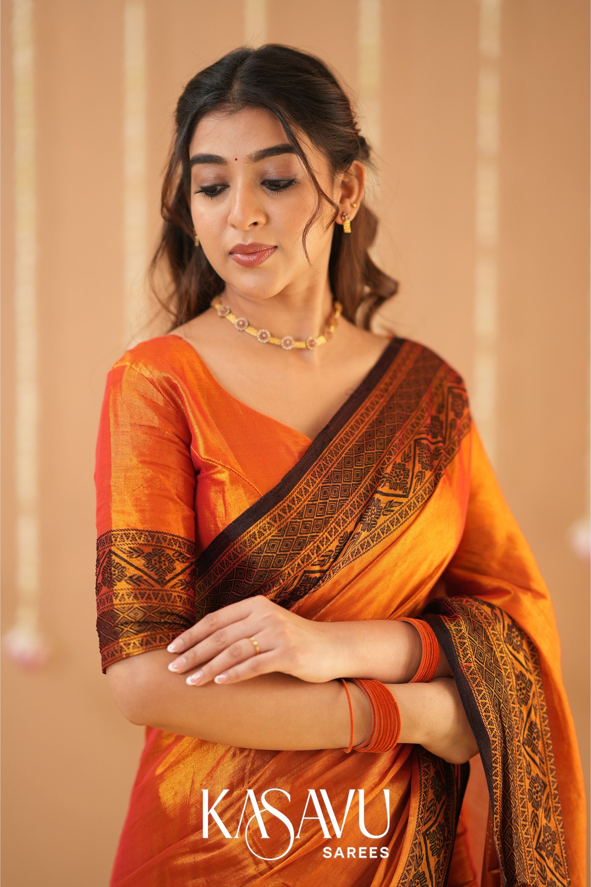 Kasavu Orange Tissue Cotten Saree
