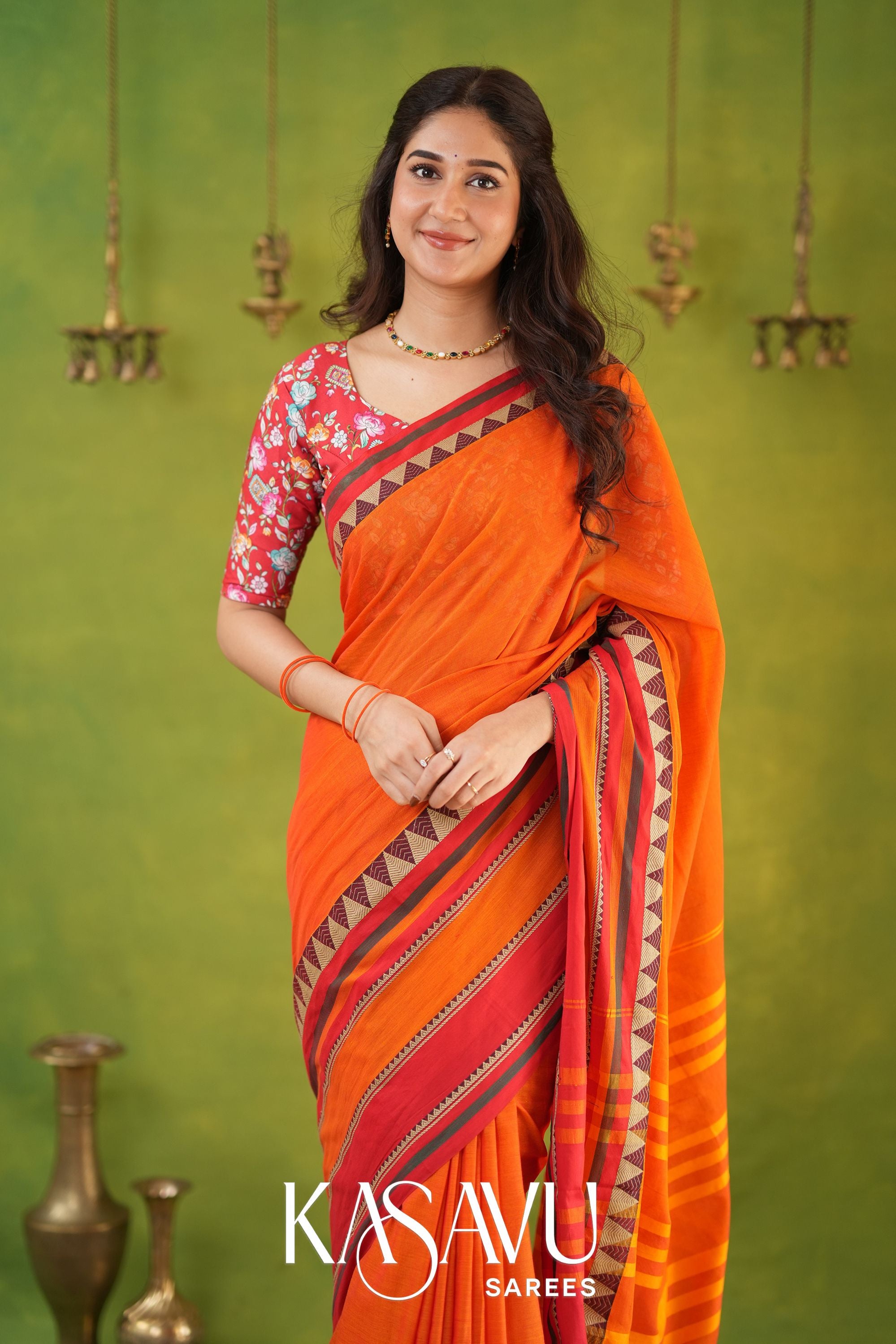 Kasavu Orange Narayanpet Cotton Saree
