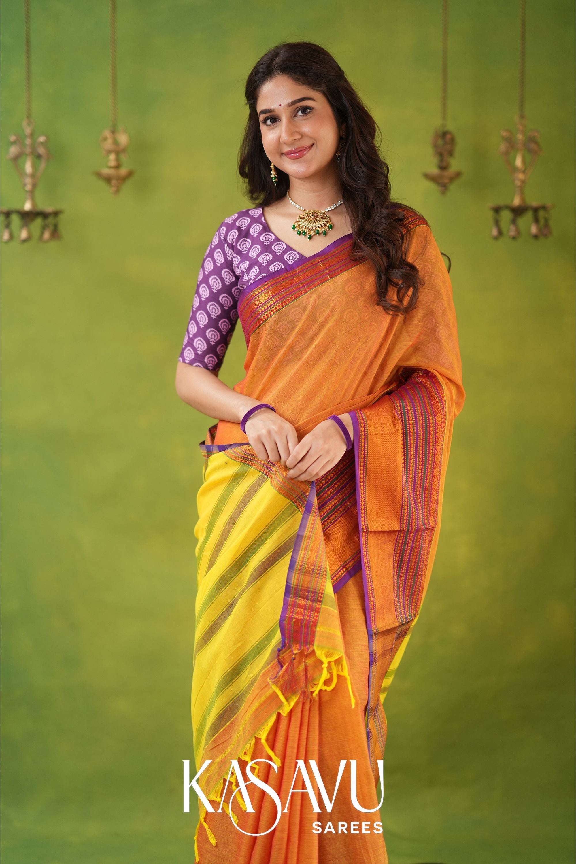 Kasavu Mustrad Yellow Narayanpet Cotton Saree