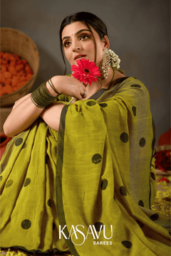 Kasavu Olive Green Powerloom Print Cotton Saree