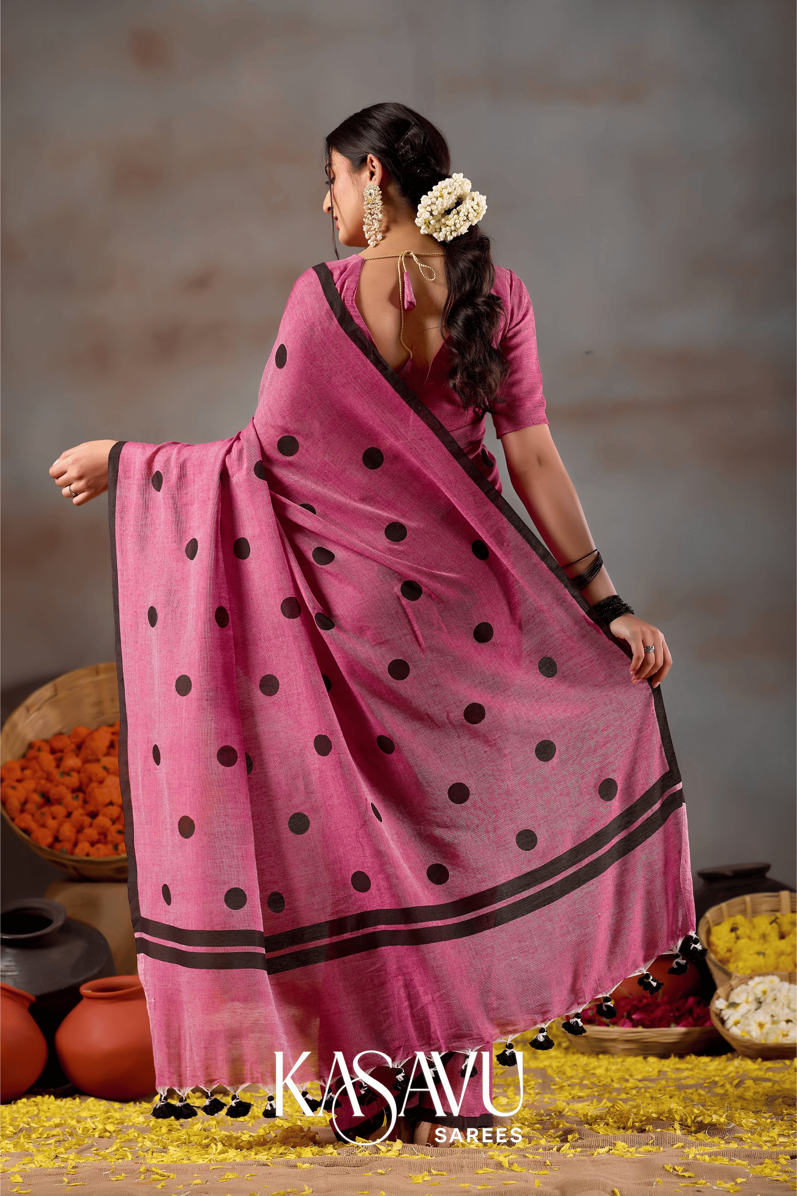 Kasavu Pink Powerloom Print Cotton Saree
