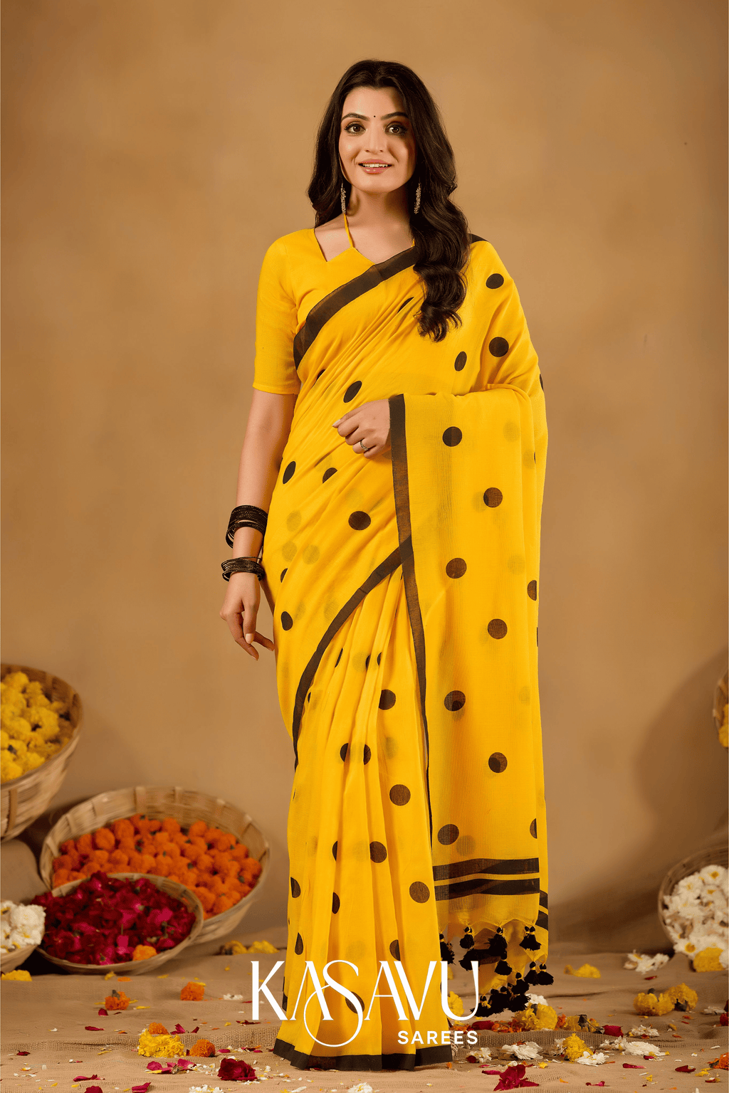 Kasavu Yellow Powerloom Print Cotton Saree