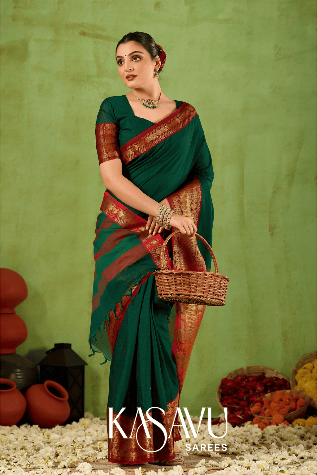 Kasavu Green Narayanpet Cotton Saree