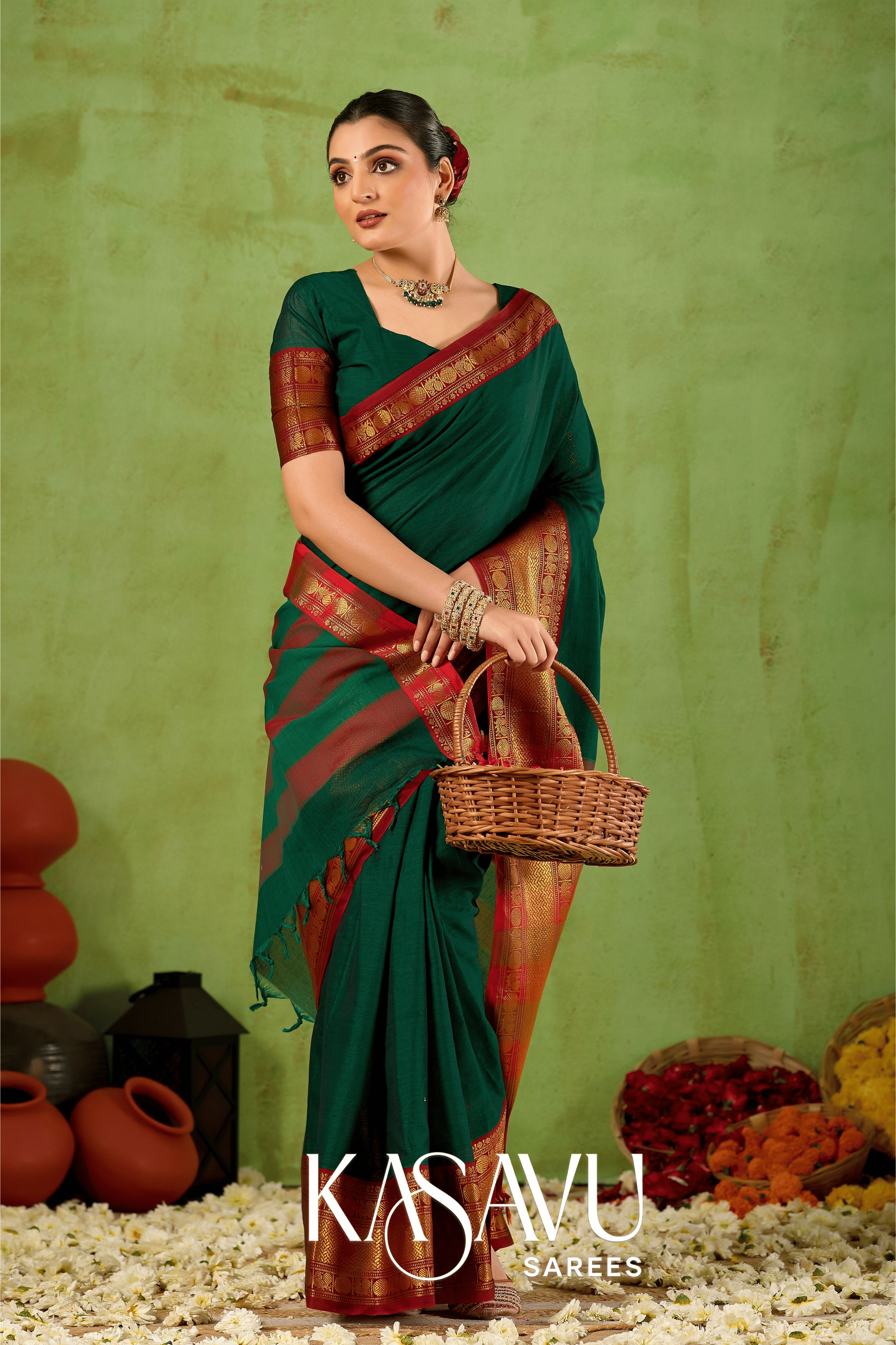 Kasavu Green Narayanpet Cotton Saree