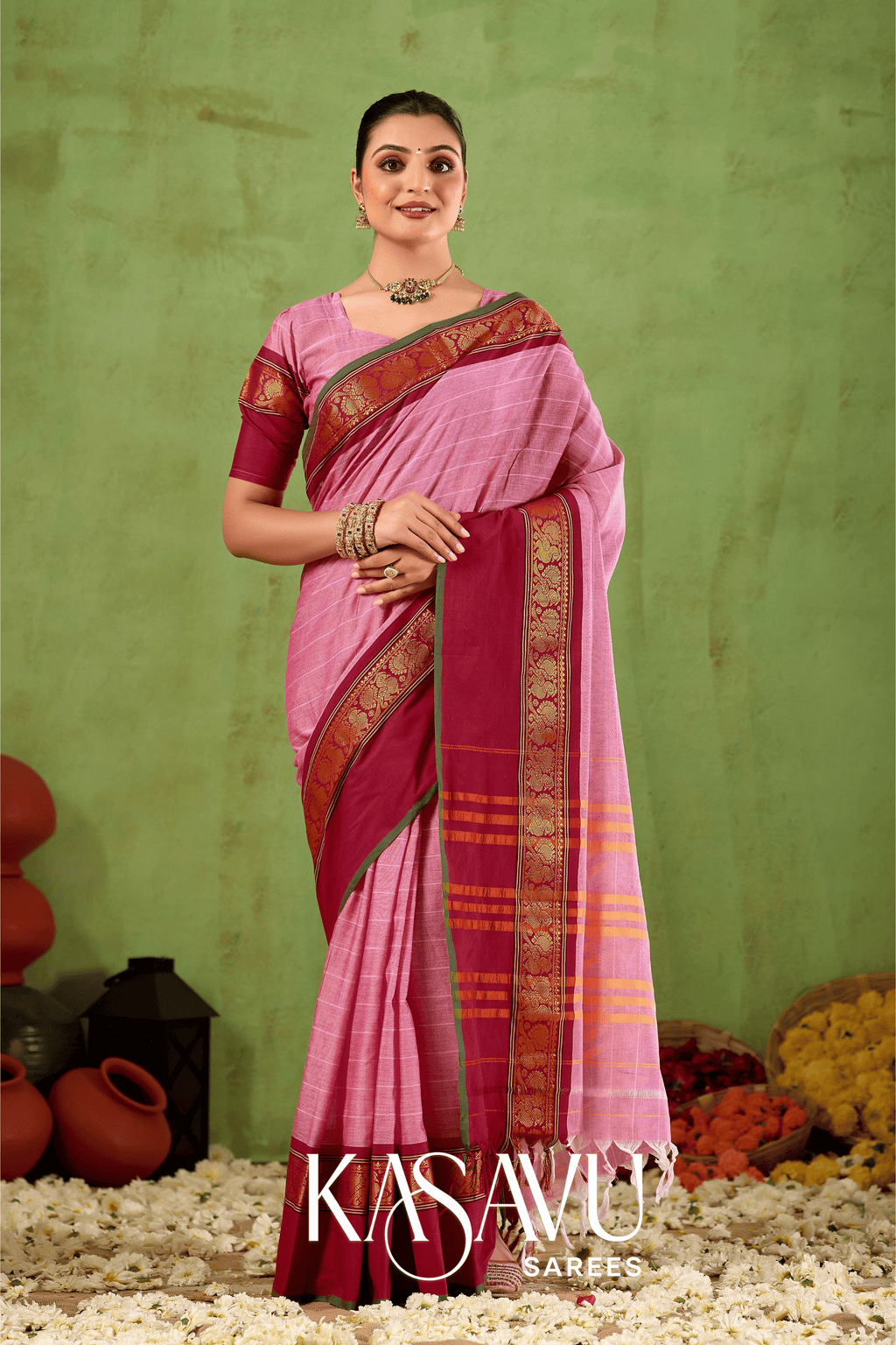 Kasavu Pink Narayanpet Cotton Saree
