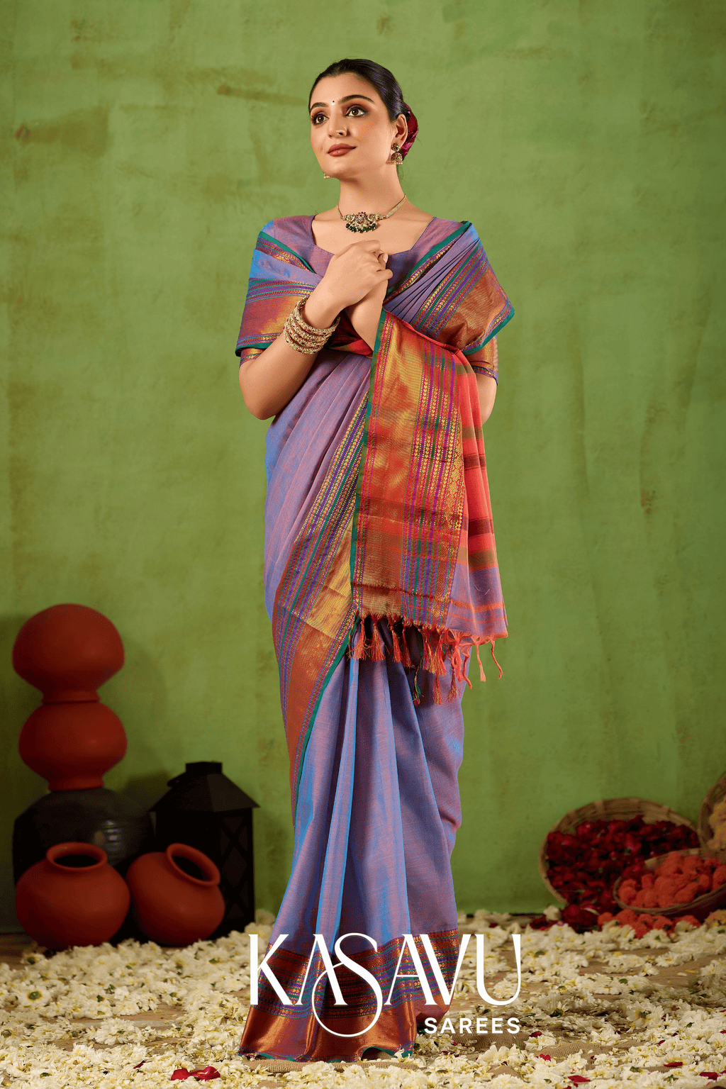 Kasavu Lavendar Narayanpet Cotton Saree