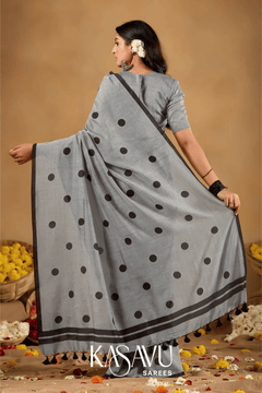 Kasavu Gray Powerloom Print Cotton Saree