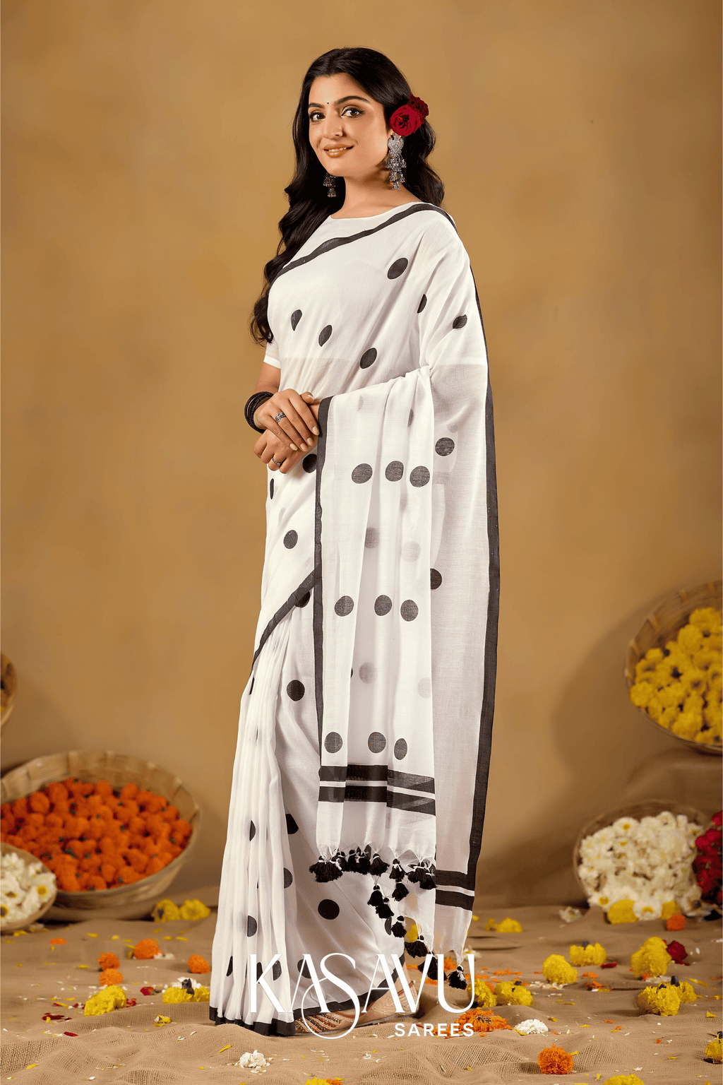 Kasavu White Powerloom Print Cotton Saree