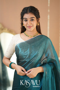 Kasavu Teal Green Tissue Cotten Saree