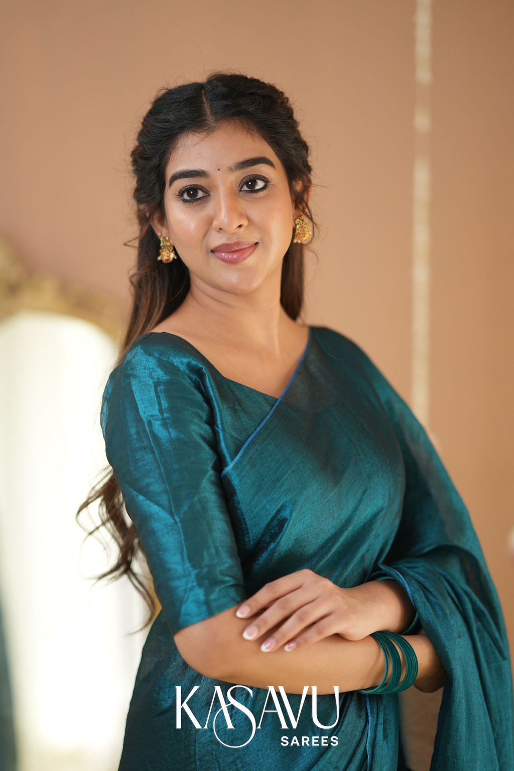 Kasavu Teal Green Tissue Cotten Saree