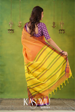 Kasavu Mustrad Yellow Narayanpet Cotton Saree