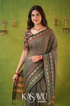 Kasavu Gray Narayanpet Cotton Saree