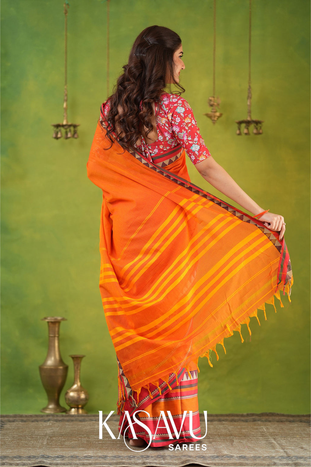 Kasavu Orange Narayanpet Cotton Saree