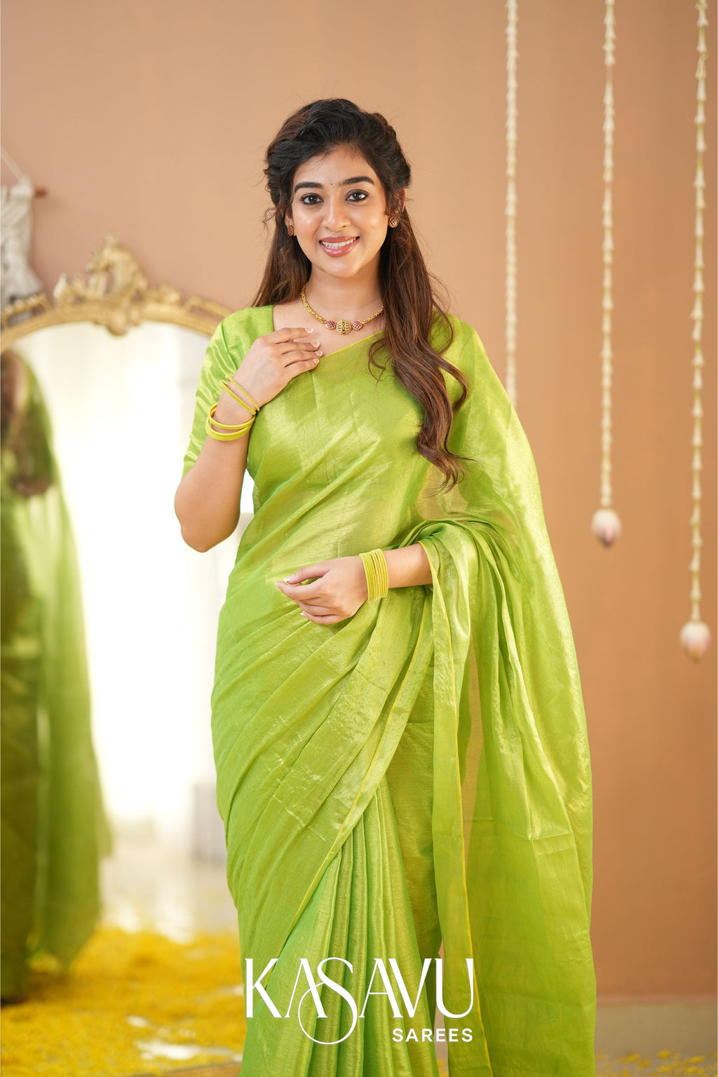 Kasavu Pista Green Tissue Cotten Saree