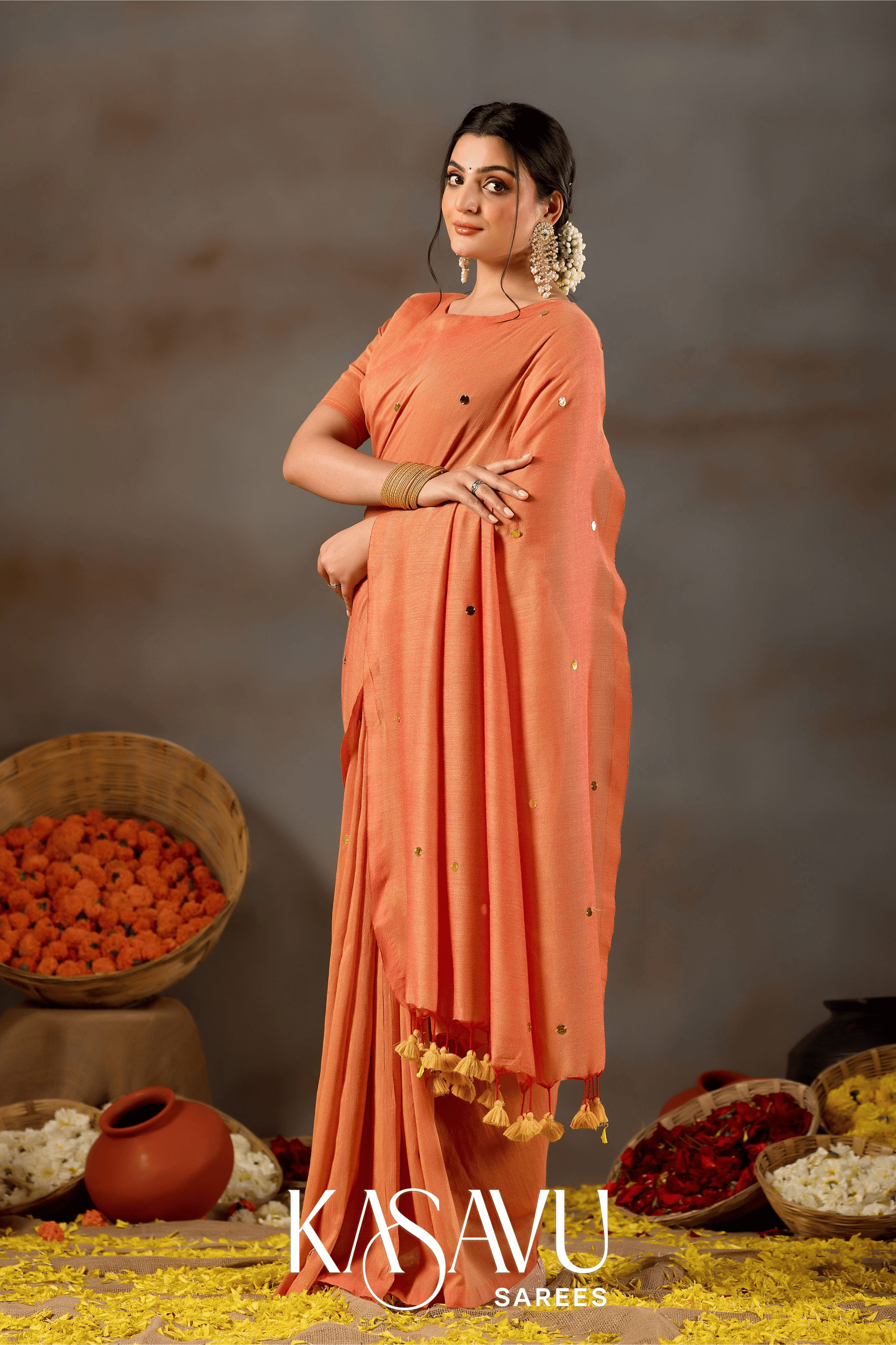 Kasavu Orange Gini Cotton Saree