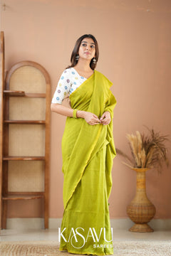 Kasavu Parrot Green Powerloom Cotton Saree