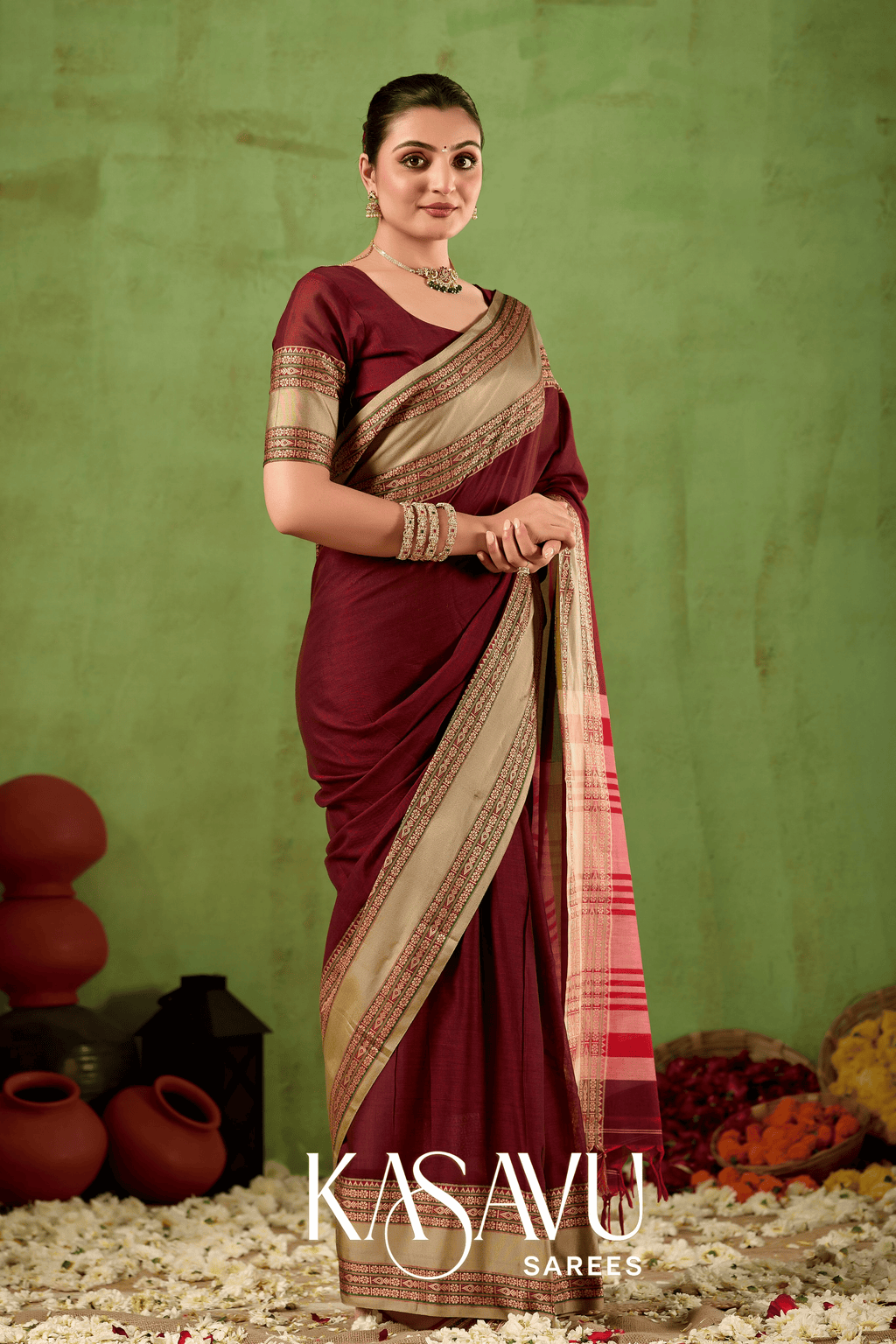 Kasavu Maroon Narayanpet Cotton Saree