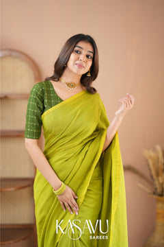 Kasavu Parrot Green Powerloom Cotton Saree