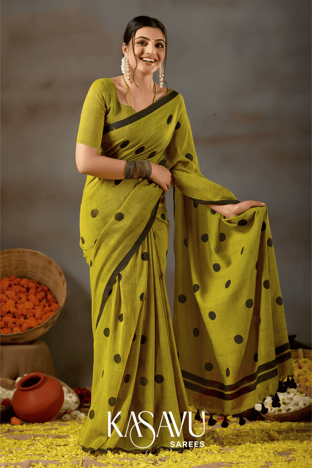 Kasavu Olive Green Powerloom Print Cotton Saree