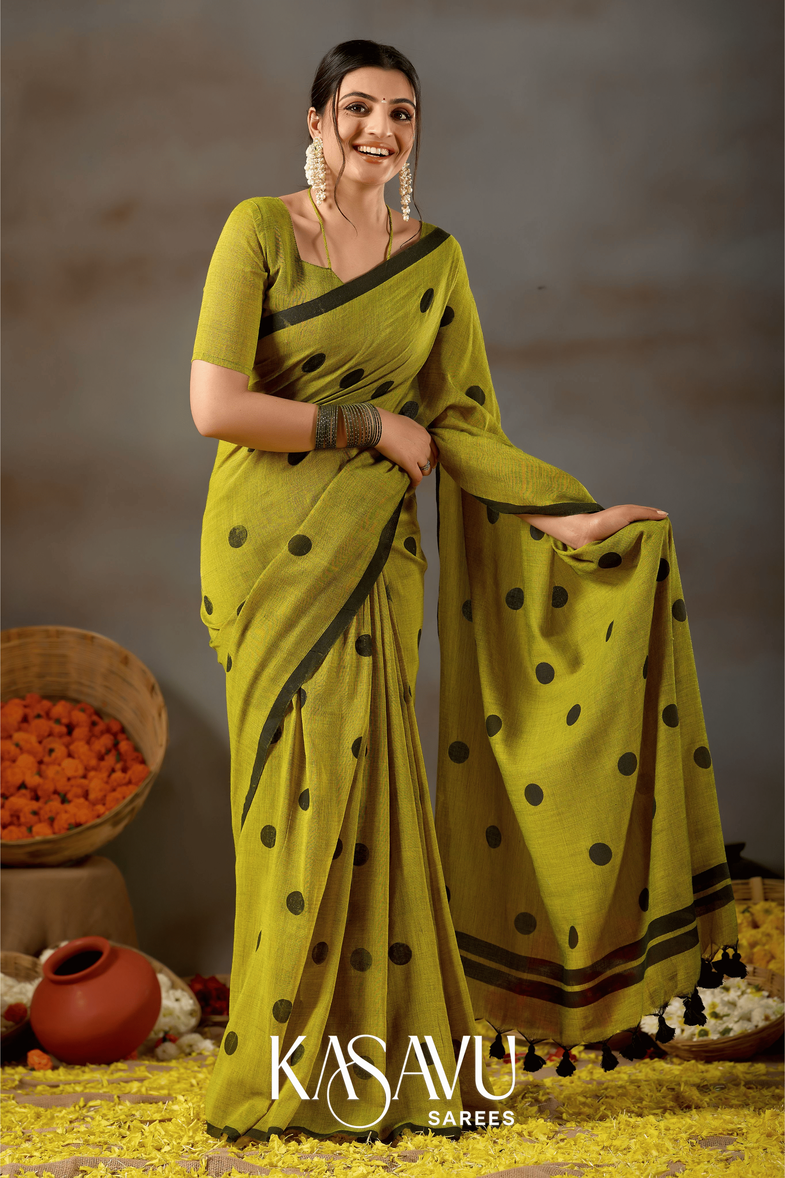 Kasavu Olive Green Powerloom Print Cotton Saree