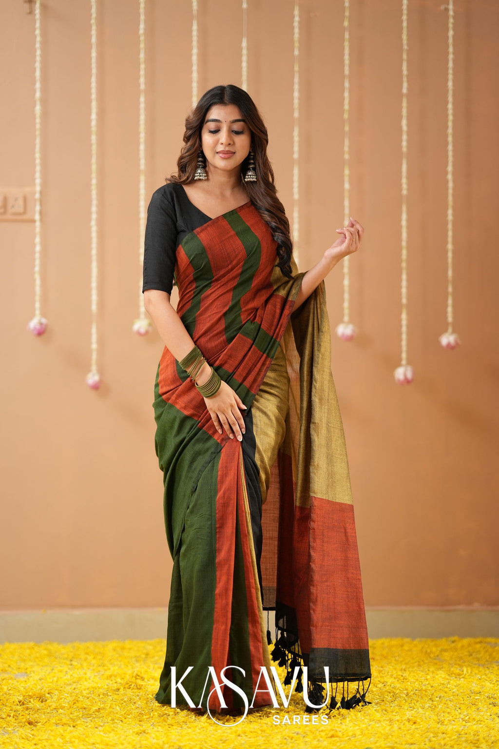 Kasavu Green Khadi Cotten Saree with Multicolour Border & Designer Blouse