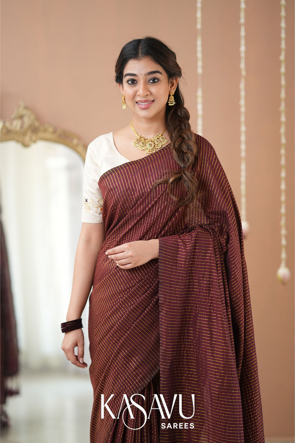 Kasavu Brown Stripe cotton Saree
