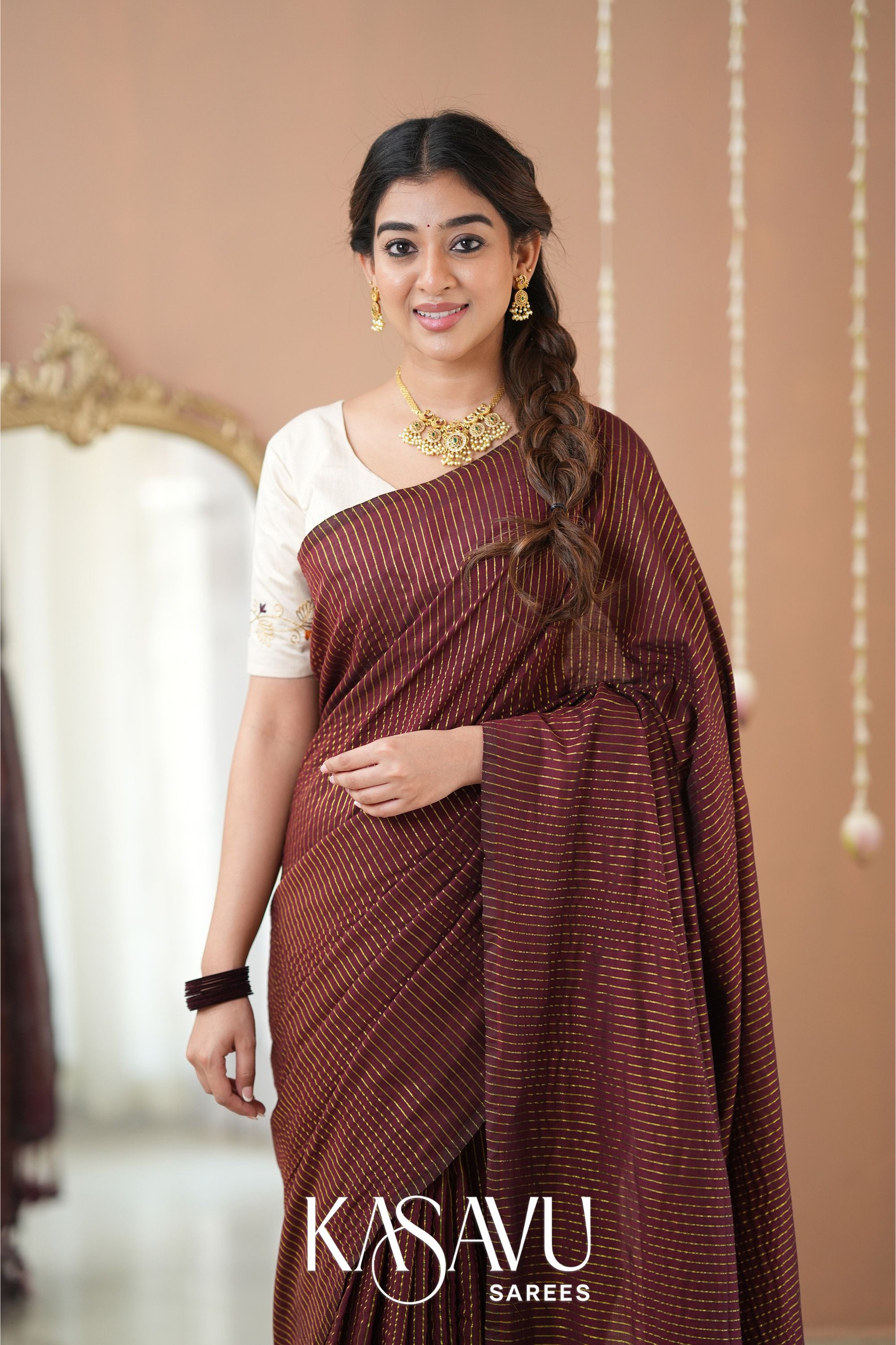 Kasavu Brown Stripe cotton Saree