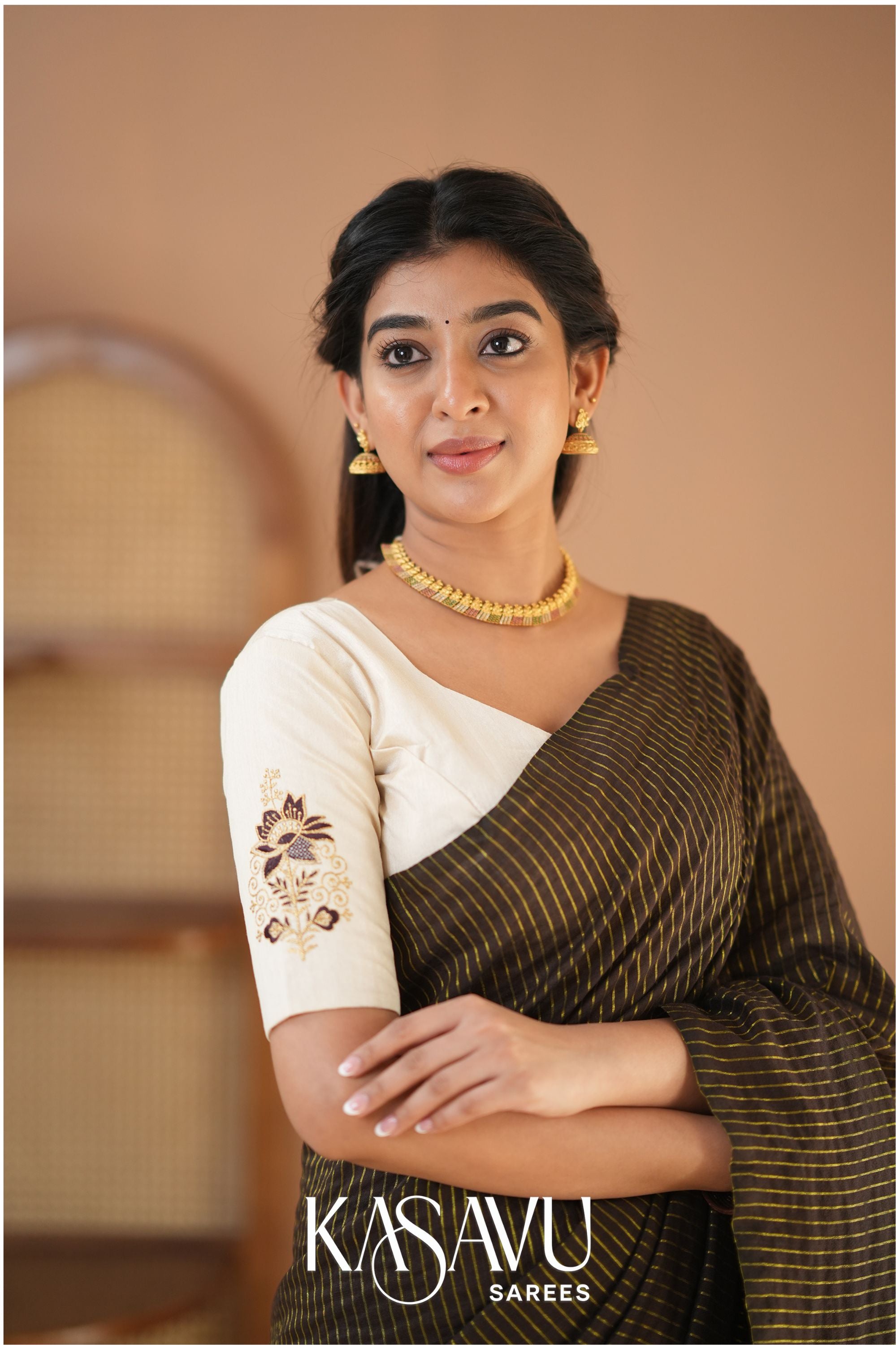 Kasavu Brown Stripe cotton Saree