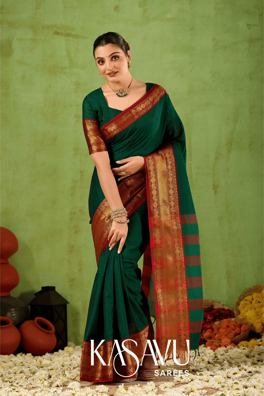 Kasavu Green Narayanpet Cotton Saree