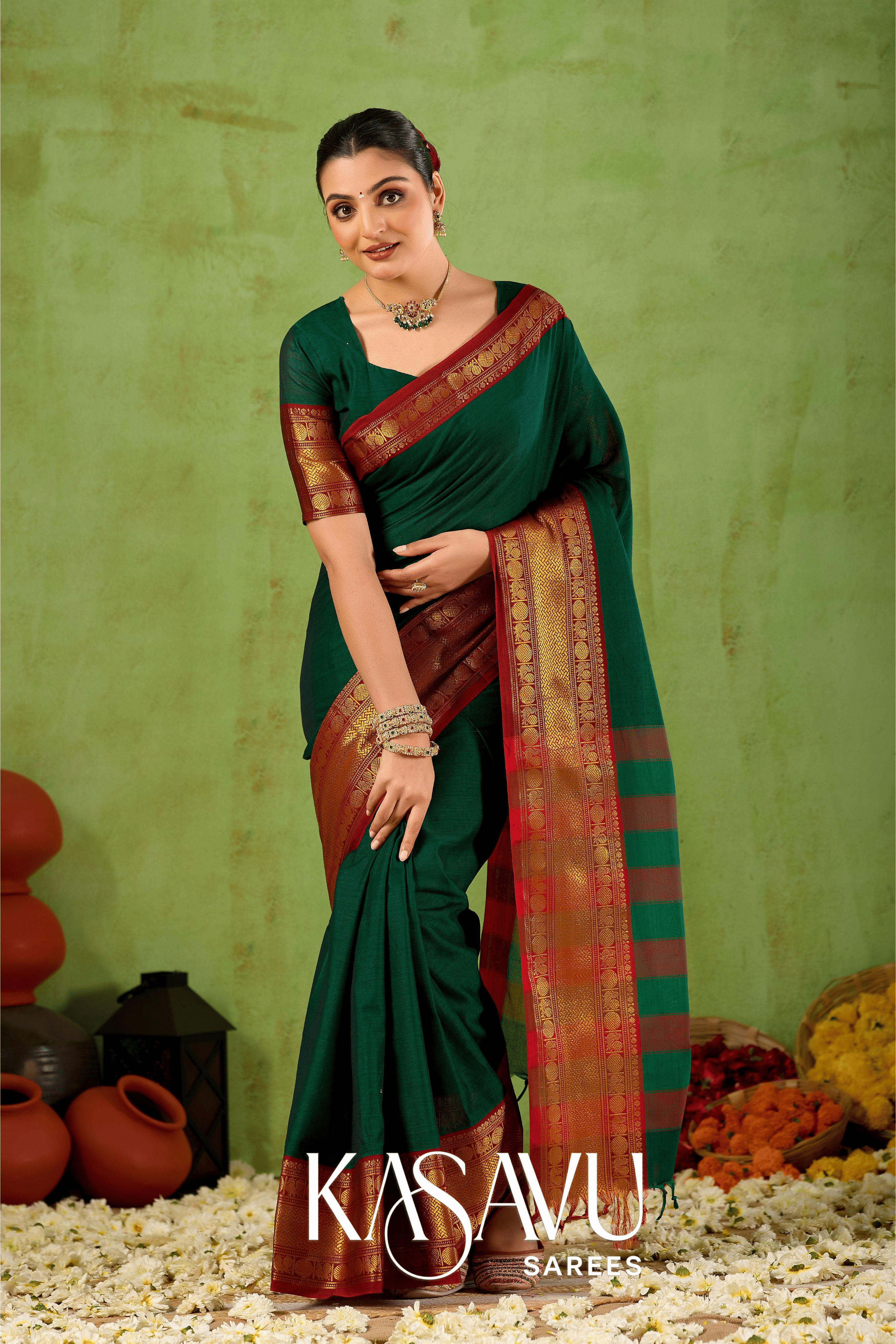 Kasavu Green Narayanpet Cotton Saree