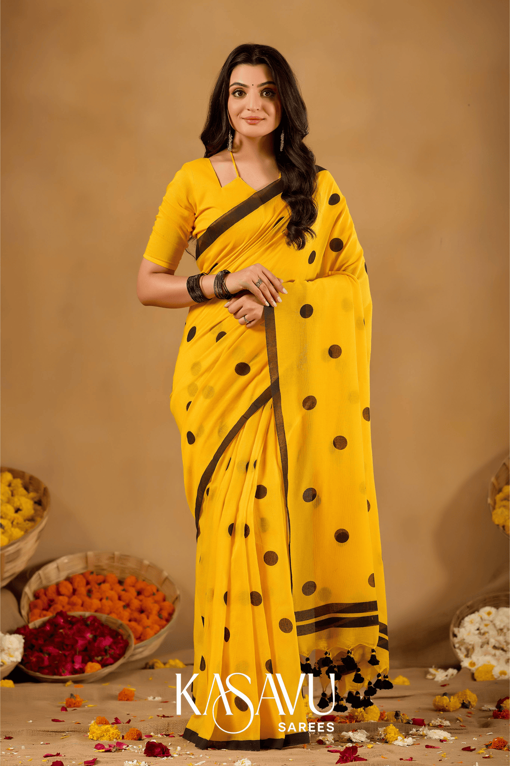 Kasavu Yellow Powerloom Print Cotton Saree