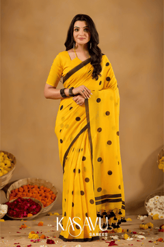 Kasavu Yellow Powerloom Print Cotton Saree