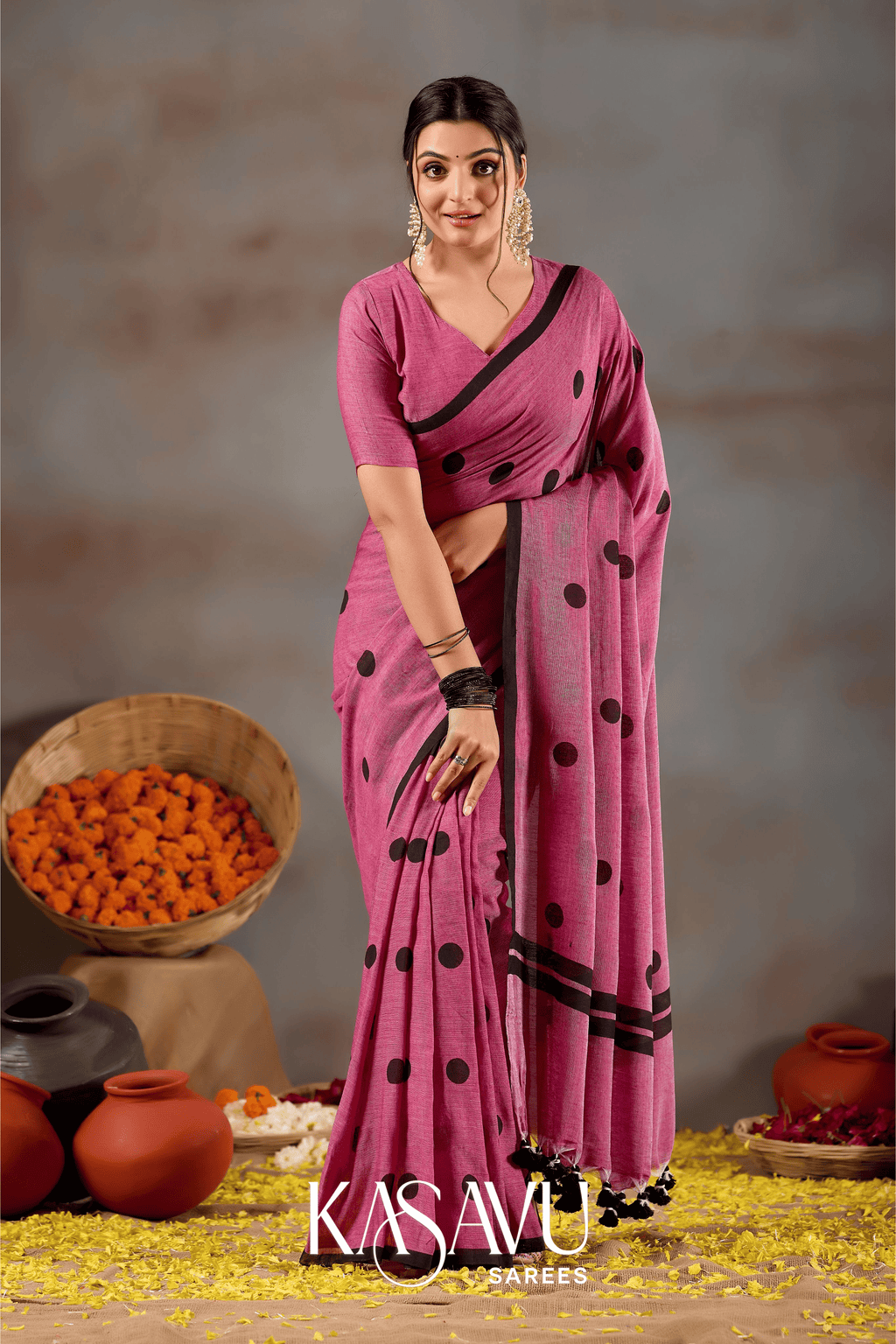 Kasavu Pink Powerloom Print Cotton Saree