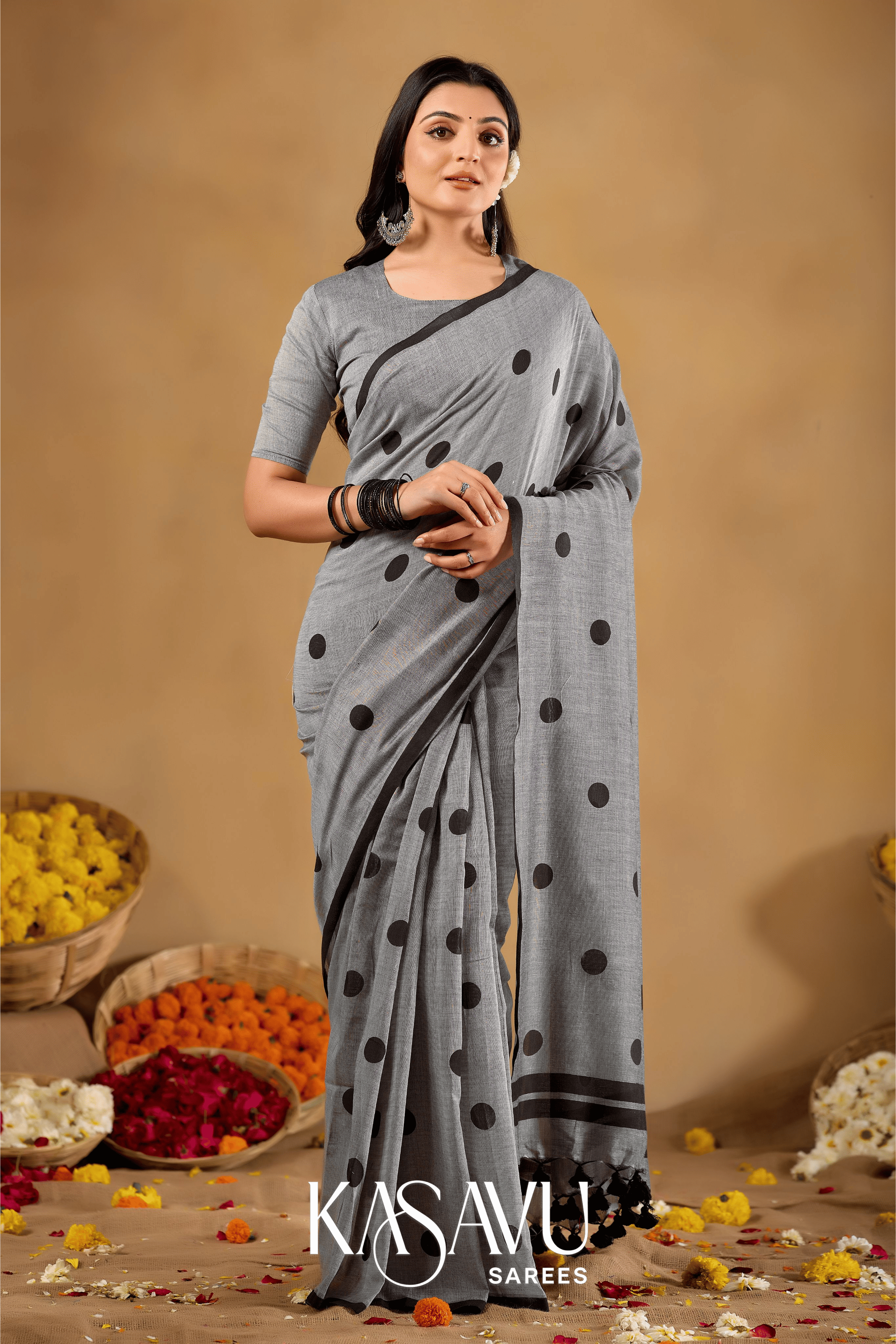 Kasavu Gray Powerloom Print Cotton Saree