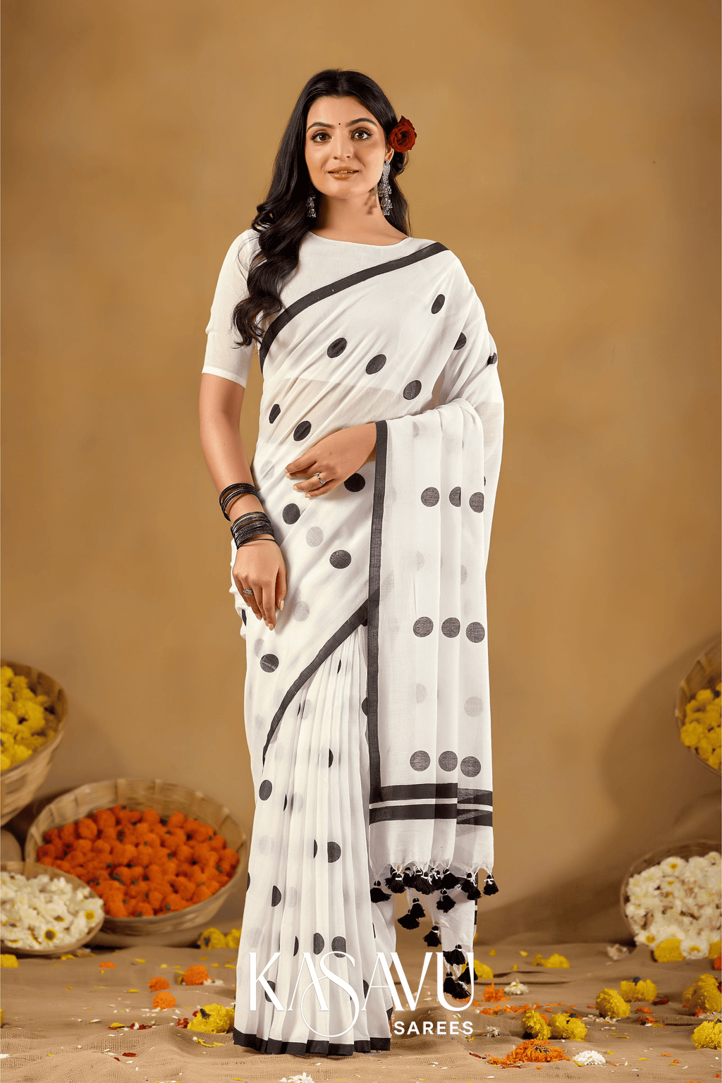 Kasavu White Powerloom Print Cotton Saree