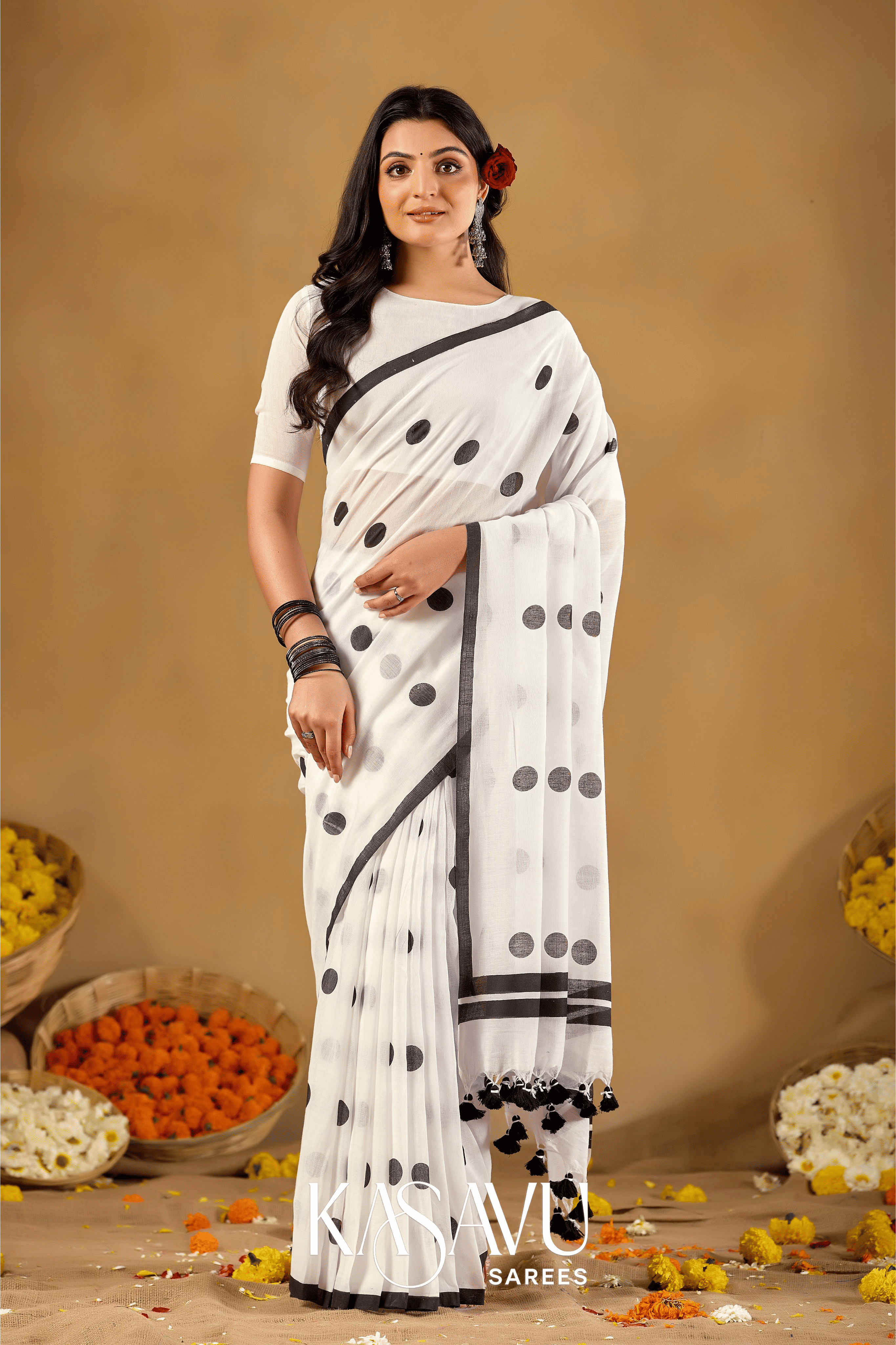 Kasavu White Powerloom Print Cotton Saree