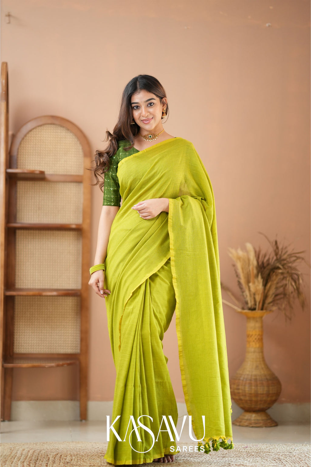 Kasavu Parrot Green Powerloom Cotton Saree