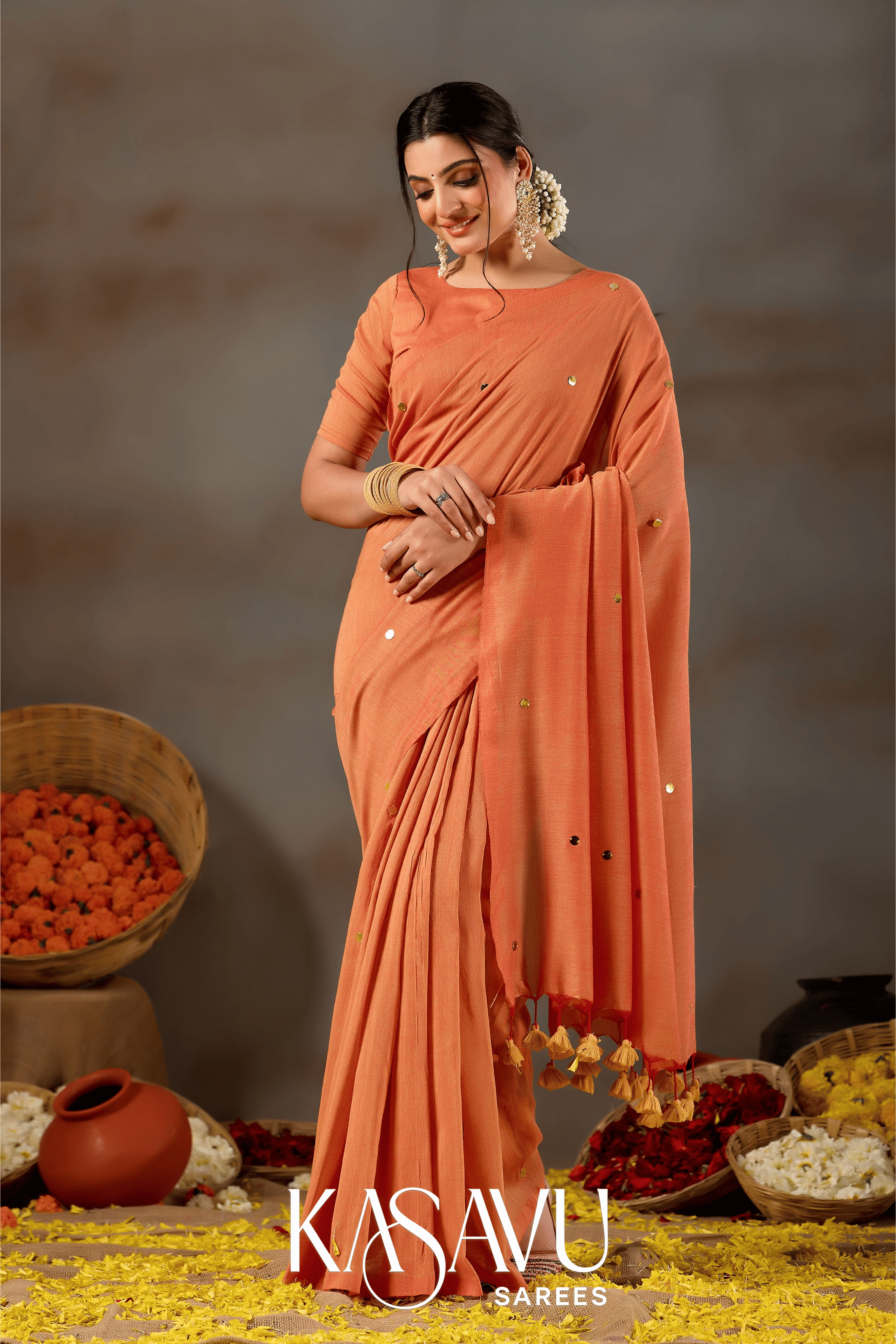 Kasavu Orange Gini Cotton Saree