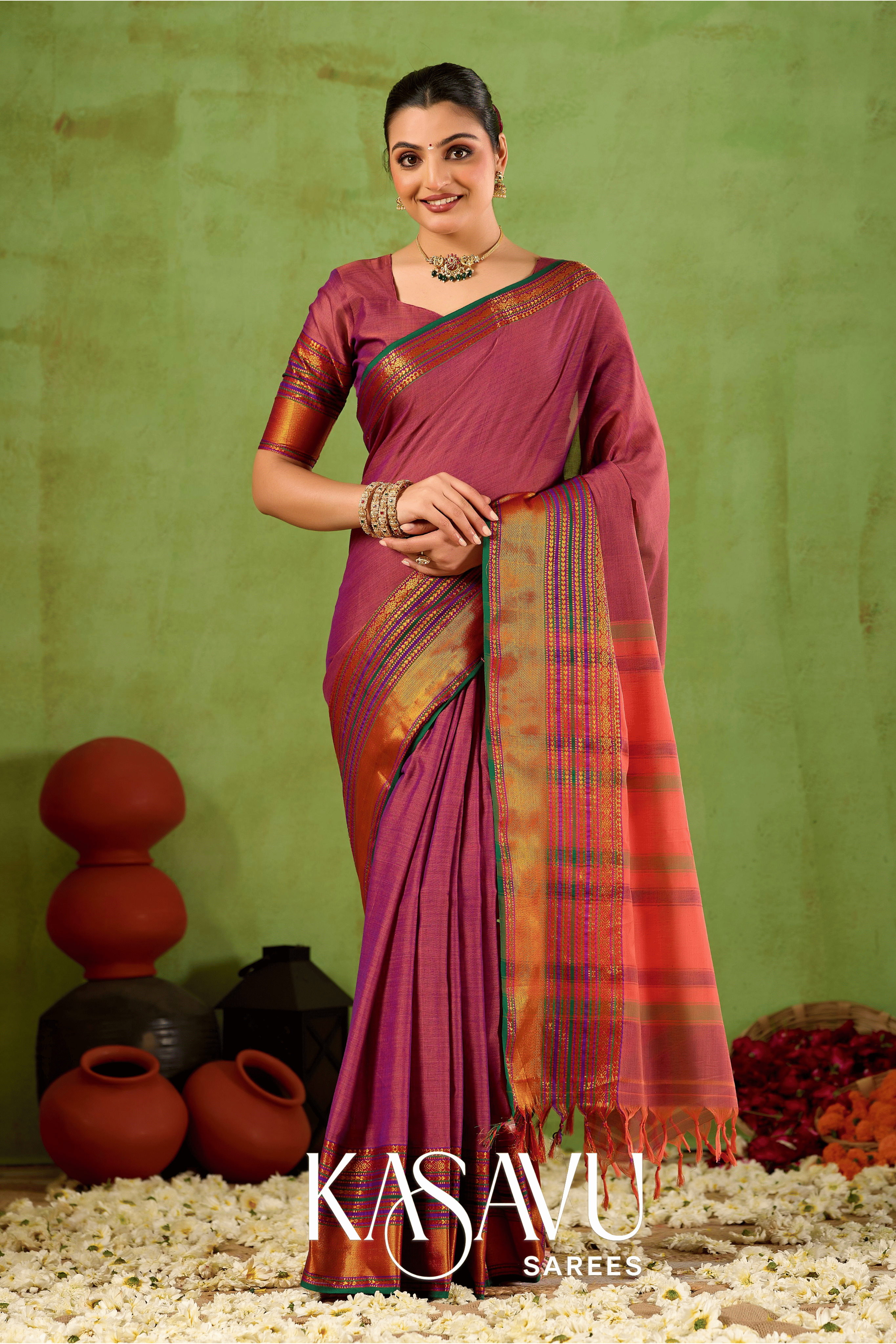 Kasavu Pink Narayanpet Cotton Saree