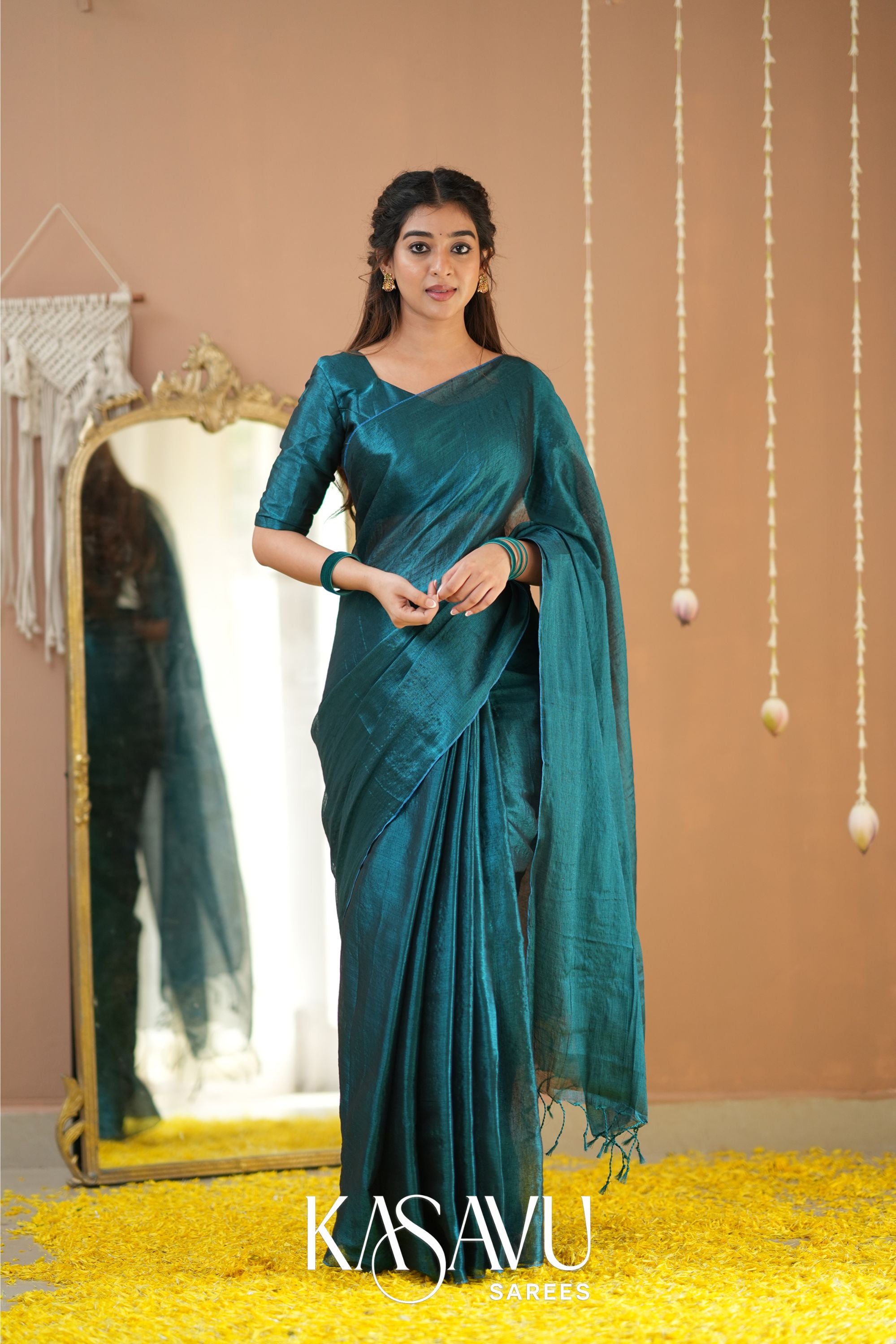 Kasavu Teal Green Tissue Cotten Saree