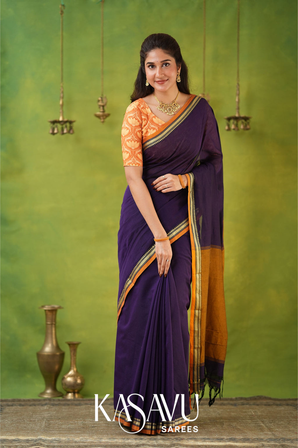 Kasavu Violet Narayanpet Cotton Saree