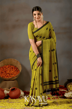 Kasavu Olive Green Powerloom Print Cotton Saree