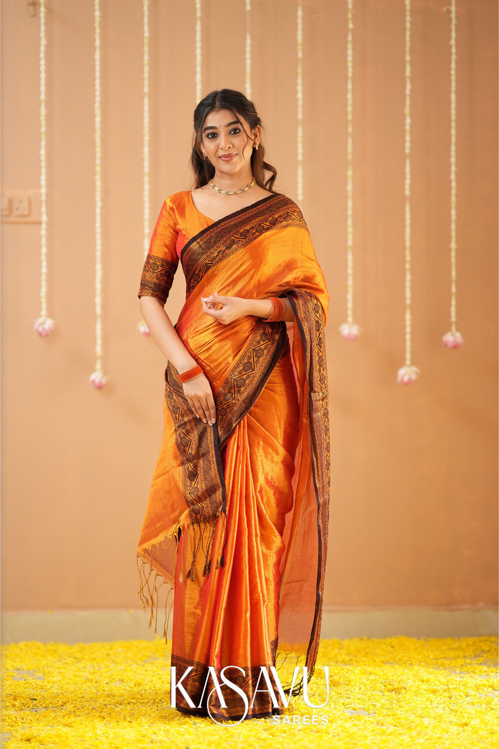 Kasavu Orange Tissue Cotten Saree