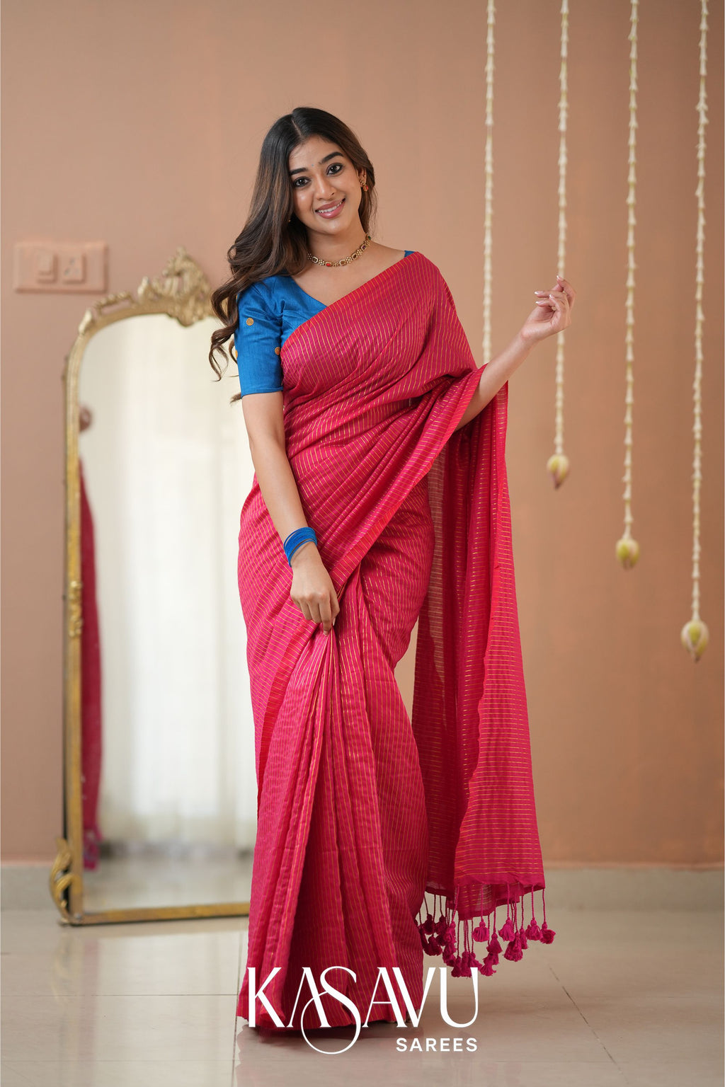 Kasavu Pink Stripe cotton Saree