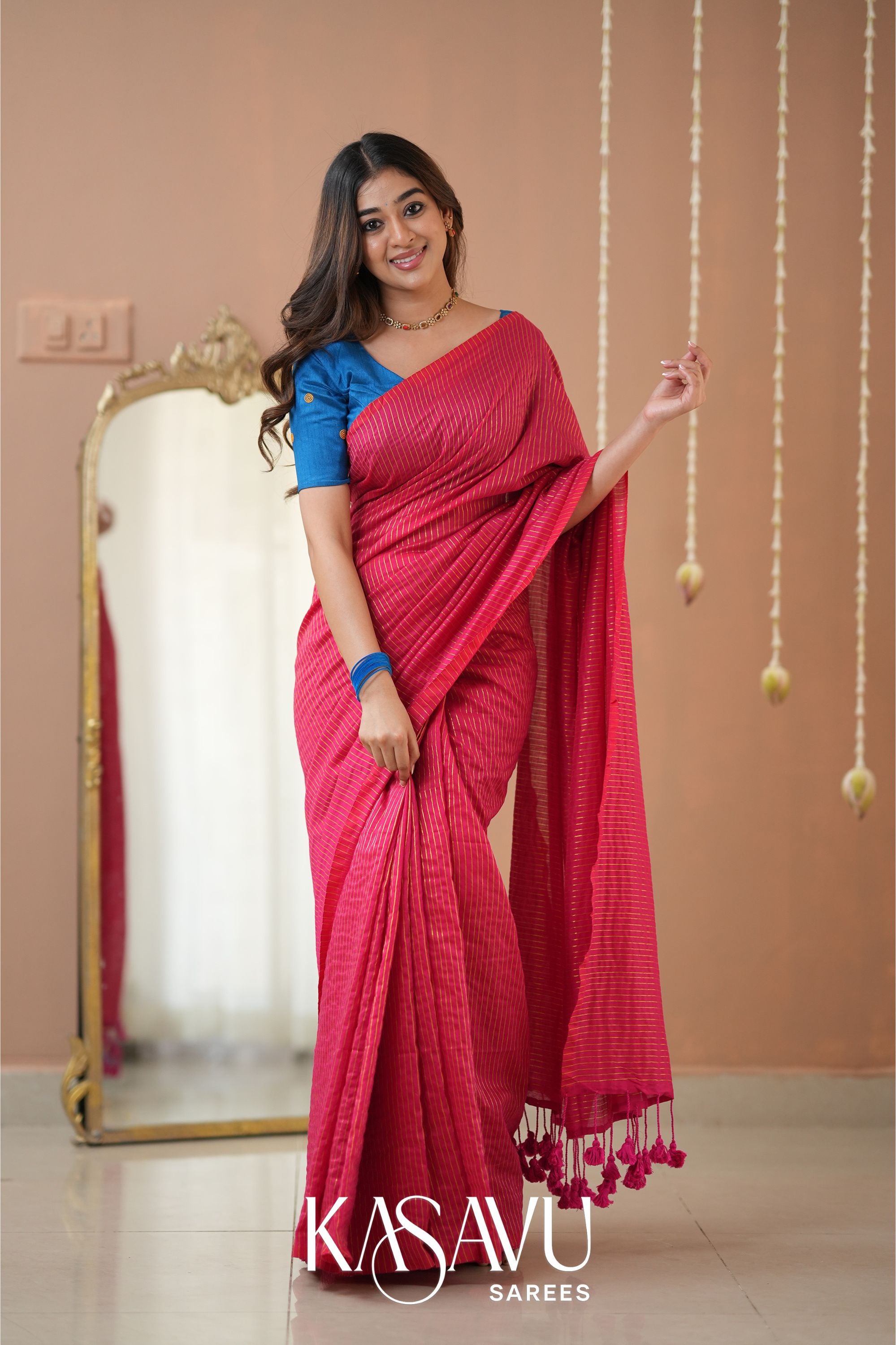 Kasavu Pink Stripe cotton Saree