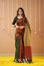 Kasavu Green Khadi Cotten Saree with Multicolour Border & Designer Blouse