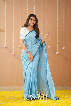 Kasavu Sky Powerloom Cotton Saree